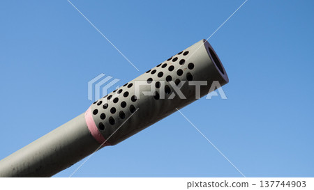 Sophisticated Vented Brake Piece With Vibrant Ring. Original Weapon Architecture Showcasing Inventive Muzzle Design Alongside Fashionable Perforated Brake With Vivid Collar 137744903