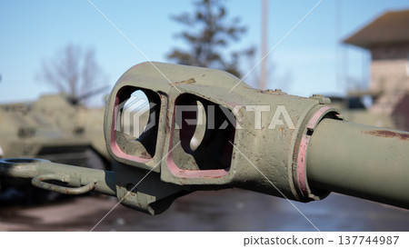 Closeup Turret Sight Apertures Showing Dual Eyepieces, Worn Paint, Bolt Heads And Metal Housing, Industrial Texture And Corrosion Marks, Tight Framing Highlights Precision Engineering Closeup Turret Sight Apertures Showing Dual Eyepieces, Worn Paint, Bolt Heads And Metal Housing, Industrial Texture And Corrosion Marks, Tight Framing Highlights Precision Engineering 137744987