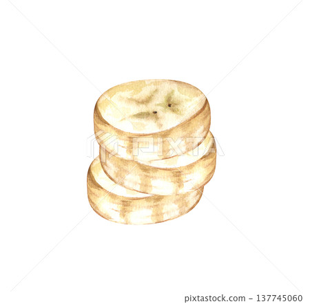 Hand-drawn pieces of ripe banana stacked in a tower. Watercolor illustration on an isolated background. A clipart with a realistic image of segments of an exotic plant for the design of baby food and 137745060