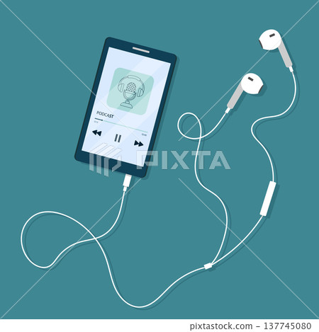 Podcast on mobile phone screen with headset. Vector illustration in flat cartoon style. Podcast on mobile phone screen with headset. Vector illustration in flat cartoon style. 137745080