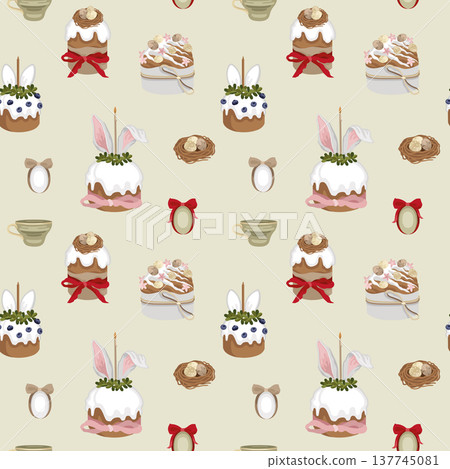Hand-drawn Easter cakes seamless pattern with teacups, birds nest and Easter dyed eggs, Easter holiday and spring background Hand-drawn Easter cakes seamless pattern with teacups, birds nest and Easter dyed eggs, Easter holiday and spring background 137745081