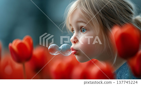 Blonde Caucasian girl blowing soap bubbles among red tulips, dreamy childhood moment with vibrant colors and soft background 137745224