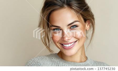 Caucasian young woman with freckles smiling in natural light creating warm friendly portrait with clean background 137745230