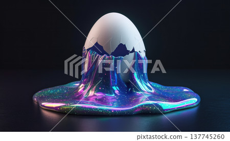 Surreal White Egg with Sparkling Cosmic Galaxy Liquid Flowing Out Surreal White Egg with Sparkling Cosmic Galaxy Liquid Flowing Out 137745260