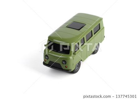 Green miniature model of UAZ-452 "Bukhanka" isolated on white background. 137745301