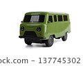 Green toy car UAZ-452 "Bukhanka", front view, isolated on white background. 137745302