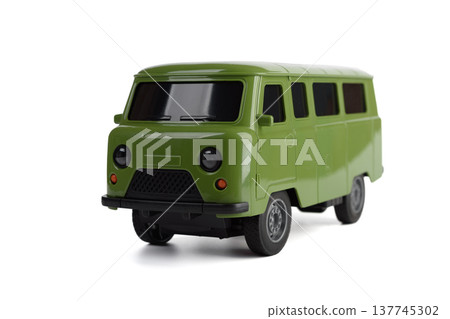 Green toy car UAZ-452 "Bukhanka", front view, isolated on white background. 137745302