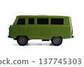 Side view of a toy model of the UAZ-452 van, also known as the "Loaf", on a white background. 137745303