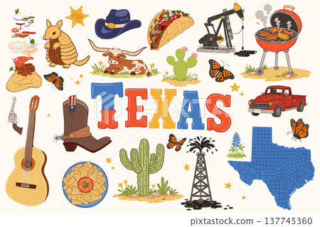 Texas symbols doodle collection with cactus, cowboy boot, taco and oil rig Texas symbols doodle collection with cactus, cowboy boot, taco and oil rig 137745360