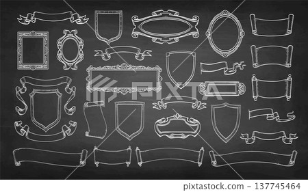 Hand-drawn frames, ribbons and heraldic shields Hand-drawn frames, ribbons and heraldic shields 137745464
