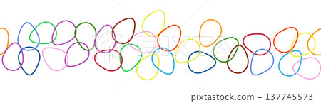 A seamless horizontal pattern with Easter eggs, outline design. A banner featuring cute patterned eggs with polka dots, flowers, and stripes. 137745573