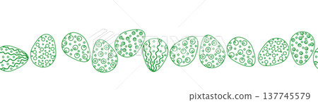 A seamless horizontal pattern with Easter eggs, outline design. A banner featuring cute patterned eggs with polka dots, flowers, and stripes. A seamless horizontal pattern with Easter eggs, outline design. A banner featuring cute patterned eggs with polka dots, flowers, and stripes. 137745579