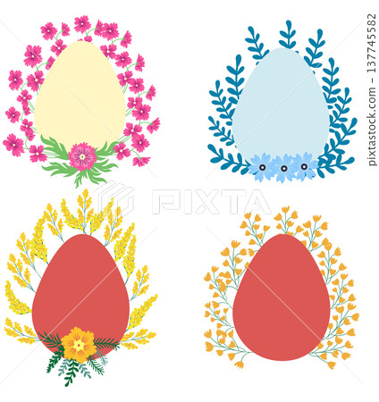 A set of Easter cards with an egg, bunny and flowers. The inscriptions read He is risen, Happy Easter A set of Easter cards with an egg, bunny and flowers. The inscriptions read He is risen, Happy Easter 137745582