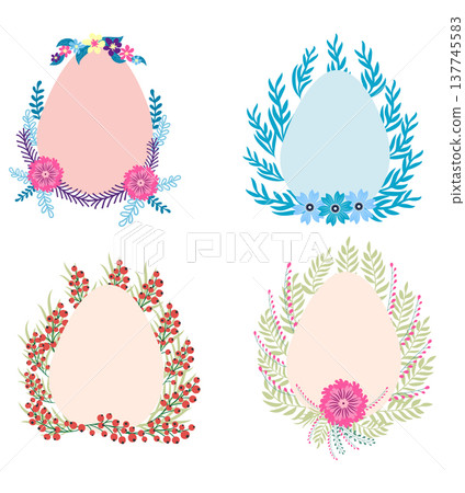A set of Easter cards with an egg, bunny and flowers. The inscriptions read He is risen, Happy Easter 137745583