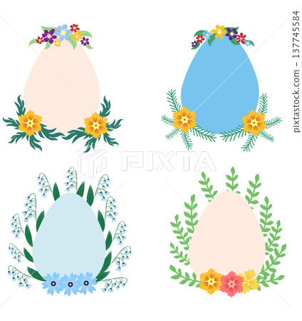 A set of Easter cards with an egg, bunny and flowers. The inscriptions read He is risen, Happy Easter 137745584