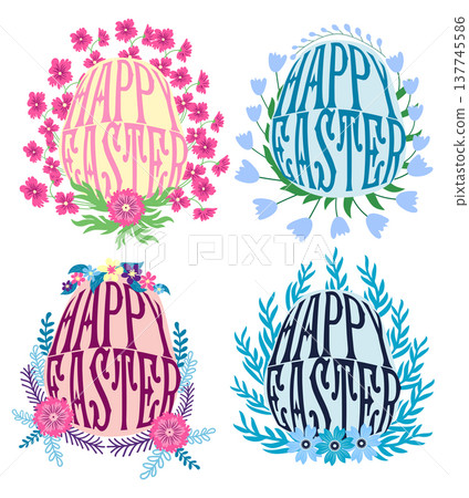 A set of Easter cards with an egg, bunny and flowers. The inscriptions read He is risen, Happy Easter A set of Easter cards with an egg, bunny and flowers. The inscriptions read He is risen, Happy Easter 137745586