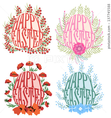 A set of Easter cards with an egg, bunny and flowers. The inscriptions read He is risen, Happy Easter 137745588
