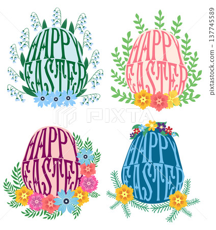 A set of Easter cards with an egg, bunny and flowers. The inscriptions read He is risen, Happy Easter A set of Easter cards with an egg, bunny and flowers. The inscriptions read He is risen, Happy Easter 137745589