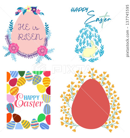 A set of Easter cards with an egg, bunny and flowers. The inscriptions read He is risen, Happy Easter 137745595