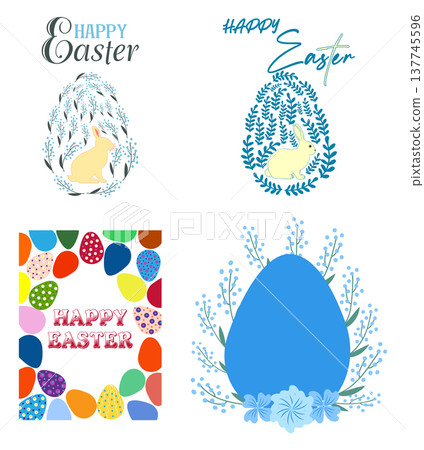 A set of Easter cards with an egg, bunny and flowers. The inscriptions read He is risen, Happy Easter 137745596