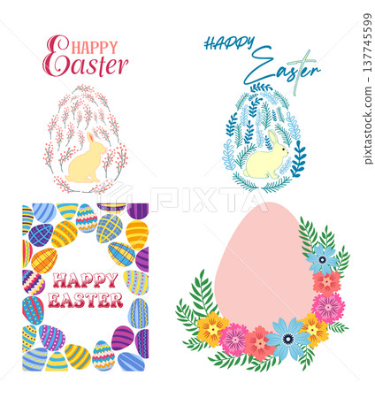 A set of Easter cards with an egg, bunny and flowers. The inscriptions read He is risen, Happy Easter A set of Easter cards with an egg, bunny and flowers. The inscriptions read He is risen, Happy Easter 137745599