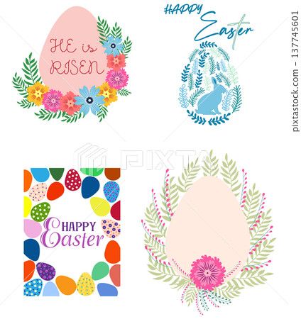 A set of Easter cards with an egg, bunny and flowers. The inscriptions read He is risen, Happy Easter A set of Easter cards with an egg, bunny and flowers. The inscriptions read He is risen, Happy Easter 137745601
