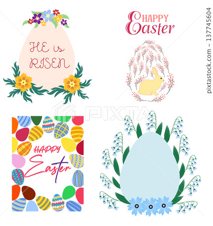 A set of Easter cards with an egg, bunny and flowers. The inscriptions read He is risen, Happy Easter A set of Easter cards with an egg, bunny and flowers. The inscriptions read He is risen, Happy Easter 137745604