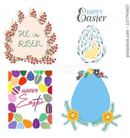 A set of Easter cards with an egg, bunny and flowers. The inscriptions read He is risen, Happy Easter 137745607