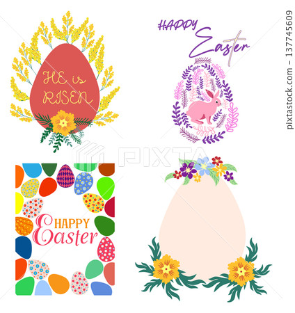 A set of Easter cards with an egg, bunny and flowers. The inscriptions read He is risen, Happy Easter A set of Easter cards with an egg, bunny and flowers. The inscriptions read He is risen, Happy Easter 137745609