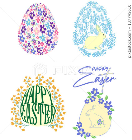 A set of Easter cards with an egg, bunny and flowers. The inscriptions read He is risen, Happy Easter A set of Easter cards with an egg, bunny and flowers. The inscriptions read He is risen, Happy Easter 137745610