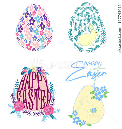 A set of Easter cards with an egg, bunny and flowers. The inscriptions read He is risen, Happy Easter A set of Easter cards with an egg, bunny and flowers. The inscriptions read He is risen, Happy Easter 137745613