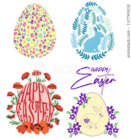 A set of Easter cards with an egg, bunny and flowers. The inscriptions read He is risen, Happy Easter A set of Easter cards with an egg, bunny and flowers. The inscriptions read He is risen, Happy Easter 137745618
