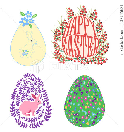 A set of Easter cards with an egg, bunny and flowers. The inscriptions read He is risen, Happy Easter 137745621