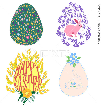 A set of Easter cards with an egg, bunny and flowers. The inscriptions read He is risen, Happy Easter 137745622