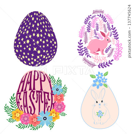 A set of Easter cards with an egg, bunny and flowers. The inscriptions read He is risen, Happy Easter A set of Easter cards with an egg, bunny and flowers. The inscriptions read He is risen, Happy Easter 137745624