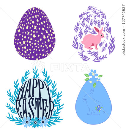 A set of Easter cards with an egg, bunny and flowers. The inscriptions read He is risen, Happy Easter 137745627