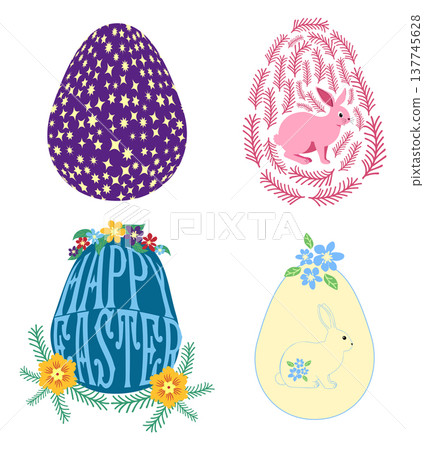 A set of Easter cards with an egg, bunny and flowers. The inscriptions read He is risen, Happy Easter 137745628