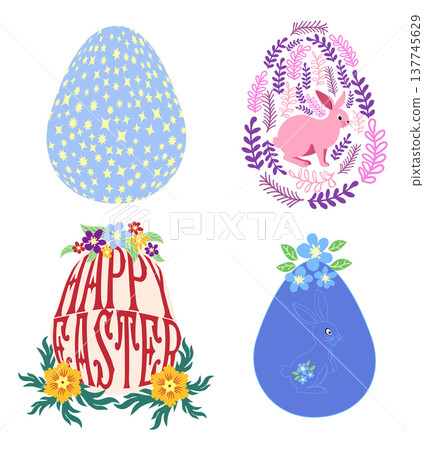 A set of Easter cards with an egg, bunny and flowers. The inscriptions read He is risen, Happy Easter A set of Easter cards with an egg, bunny and flowers. The inscriptions read He is risen, Happy Easter 137745629