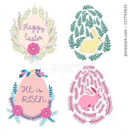 A set of Easter cards with an egg, bunny and flowers. The inscriptions read He is risen, Happy Easter A set of Easter cards with an egg, bunny and flowers. The inscriptions read He is risen, Happy Easter 137745633