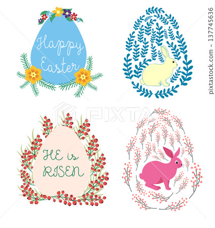 A set of Easter cards with an egg, bunny and flowers. The inscriptions read He is risen, Happy Easter A set of Easter cards with an egg, bunny and flowers. The inscriptions read He is risen, Happy Easter 137745636