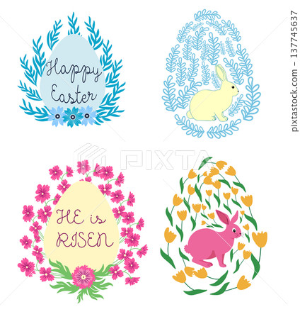 A set of Easter cards with an egg, bunny and flowers. The inscriptions read He is risen, Happy Easter A set of Easter cards with an egg, bunny and flowers. The inscriptions read He is risen, Happy Easter 137745637
