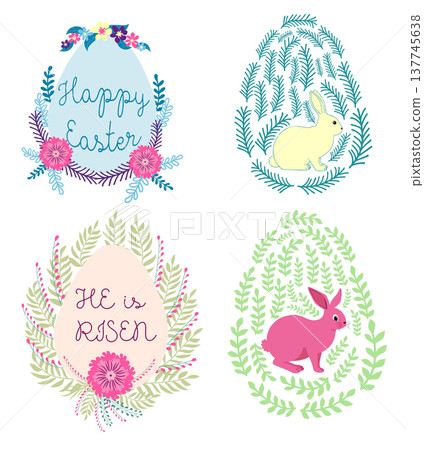 A set of Easter cards with an egg, bunny and flowers. The inscriptions read He is risen, Happy Easter A set of Easter cards with an egg, bunny and flowers. The inscriptions read He is risen, Happy Easter 137745638
