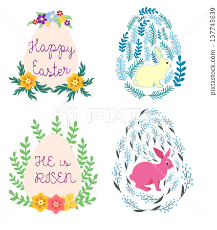 A set of Easter cards with an egg, bunny and flowers. The inscriptions read He is risen, Happy Easter A set of Easter cards with an egg, bunny and flowers. The inscriptions read He is risen, Happy Easter 137745639