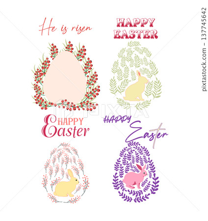 A set of Easter cards with an egg, bunny and flowers. The inscriptions read He is risen, Happy Easter 137745642