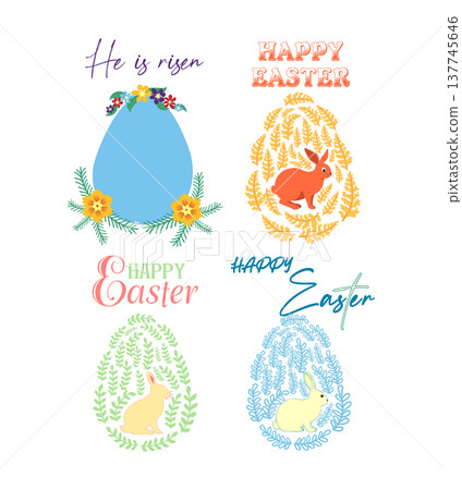 A set of Easter cards with an egg, bunny and flowers. The inscriptions read He is risen, Happy Easter A set of Easter cards with an egg, bunny and flowers. The inscriptions read He is risen, Happy Easter 137745646