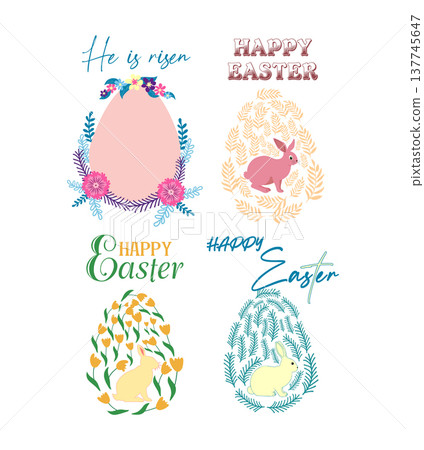 A set of Easter cards with an egg, bunny and flowers. The inscriptions read He is risen, Happy Easter A set of Easter cards with an egg, bunny and flowers. The inscriptions read He is risen, Happy Easter 137745647