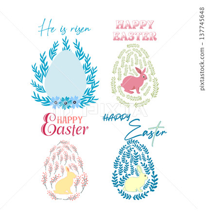 A set of Easter cards with an egg, bunny and flowers. The inscriptions read He is risen, Happy Easter A set of Easter cards with an egg, bunny and flowers. The inscriptions read He is risen, Happy Easter 137745648