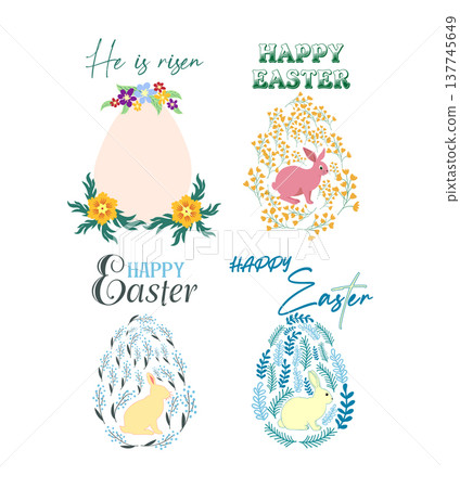 A set of Easter cards with an egg, bunny and flowers. The inscriptions read He is risen, Happy Easter A set of Easter cards with an egg, bunny and flowers. The inscriptions read He is risen, Happy Easter 137745649