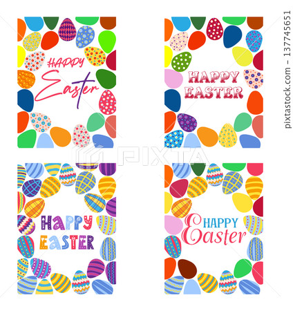 A set of Easter cards with an egg, bunny and flowers. The inscriptions read He is risen, Happy Easter A set of Easter cards with an egg, bunny and flowers. The inscriptions read He is risen, Happy Easter 137745651