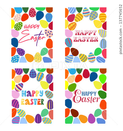 A set of Easter cards with an egg, bunny and flowers. The inscriptions read He is risen, Happy Easter A set of Easter cards with an egg, bunny and flowers. The inscriptions read He is risen, Happy Easter 137745652